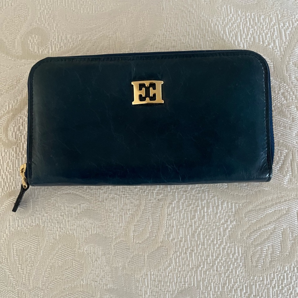 NWT Escada Leather Continental Zip Wallet - Blue Leather - Vintage